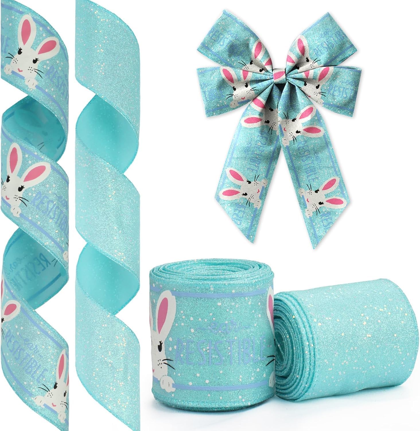 2 Rolls Easter Ribbon for Wreath Bow Wrapping Gifts, Glitter Blue Bunny Easter Basket Ribbon for Gift Wrapping Craft Party Supplies Decoration 2.5" X 10 Yard Wired Spring Easter Gift Ribbon