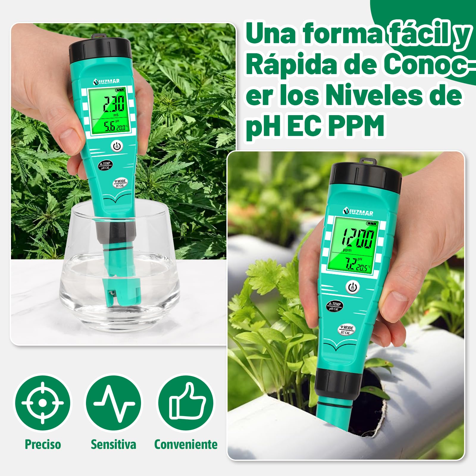 Medidor de pH EC Hidroponia UIUZMAR, Medidor de pH de Agua Digital, Medidor de pH y TDS para Cultivo Hidroponia, Medición Simultánea de pH, EC y TDS para Aeroponía, Acuarios, Estanques y Peceras
