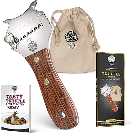 5☆ Truffle Slicer with Premium Glossed Rosewood Handle. Includes Chic Fabric Bag, Recipe E-Book + User Guide. Our Chocolate Shaver Also Shaves Cheese, Garlic & Veg! Stainless Steel & Adjustable Blade