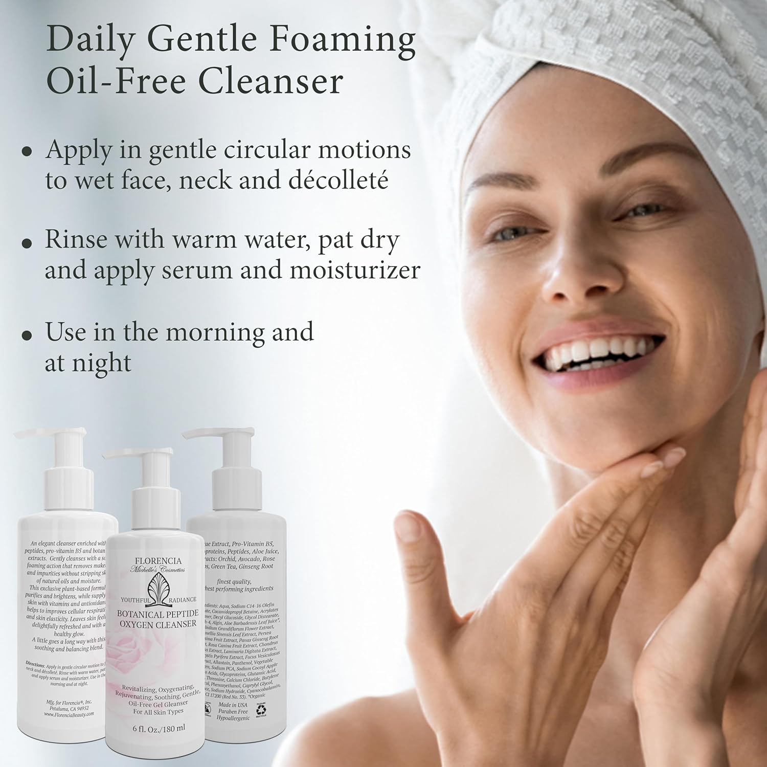 Florencia Botanical Peptide Oxygen Cleanser – Oil-Free Foaming Gel Face Wash with Glycoproteins, Algae & Botanical Extracts, Gentle Revitalizing Daily Facial Cleanser for All Skin Types, 6 Oz