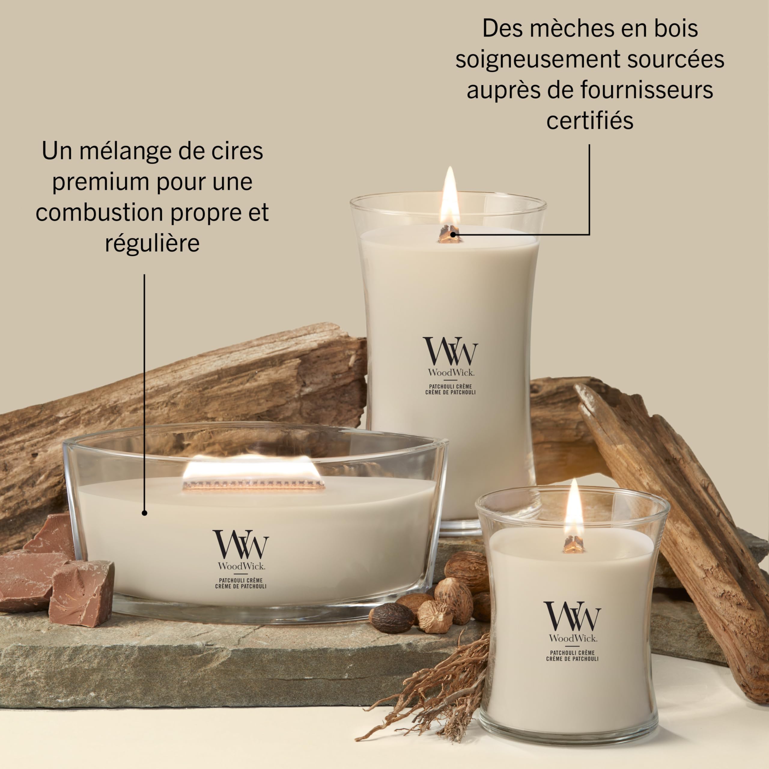 WoodWick Bougie parfumée avec mèche crépitante | Bougie Ellipse Patchouli Crème | Bougies à combustion longue : Jusqu’à50pk heures de combustion | Le cadeau parfait pour les femmes