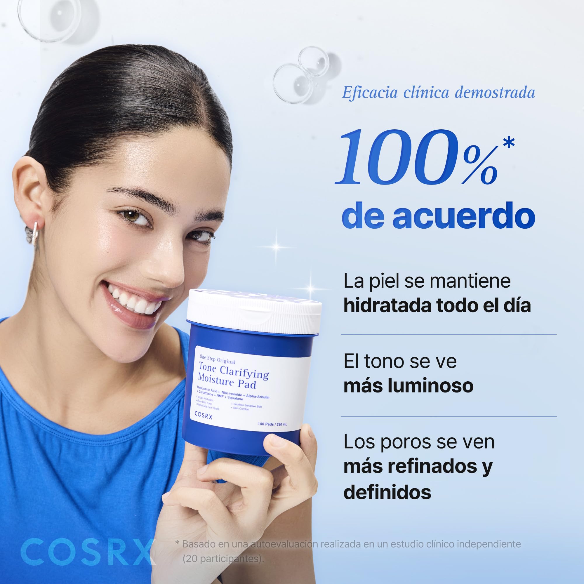 COSRX OneStep Original Tono Clarifying Moisture Pad, 100 almohadillas, Daily Toning Pad for Skin Texture & Hydration & Evening Skin Tone with Arbutin, Glutatione & 12 Hyaluronic Acids, Korean Skin