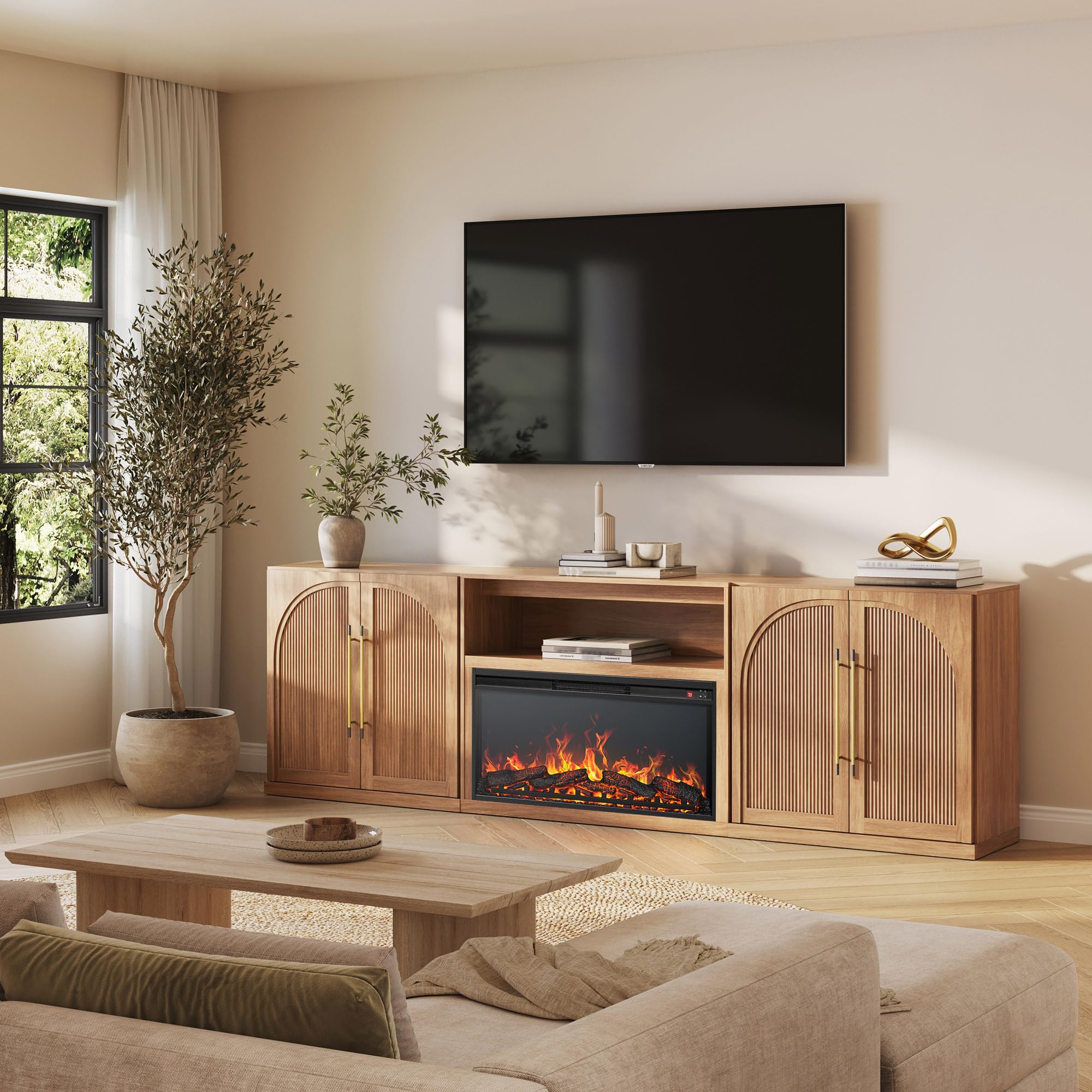 BELLEZE Jagger 105" TV Stand with 36" Electric Fireplace - Camel