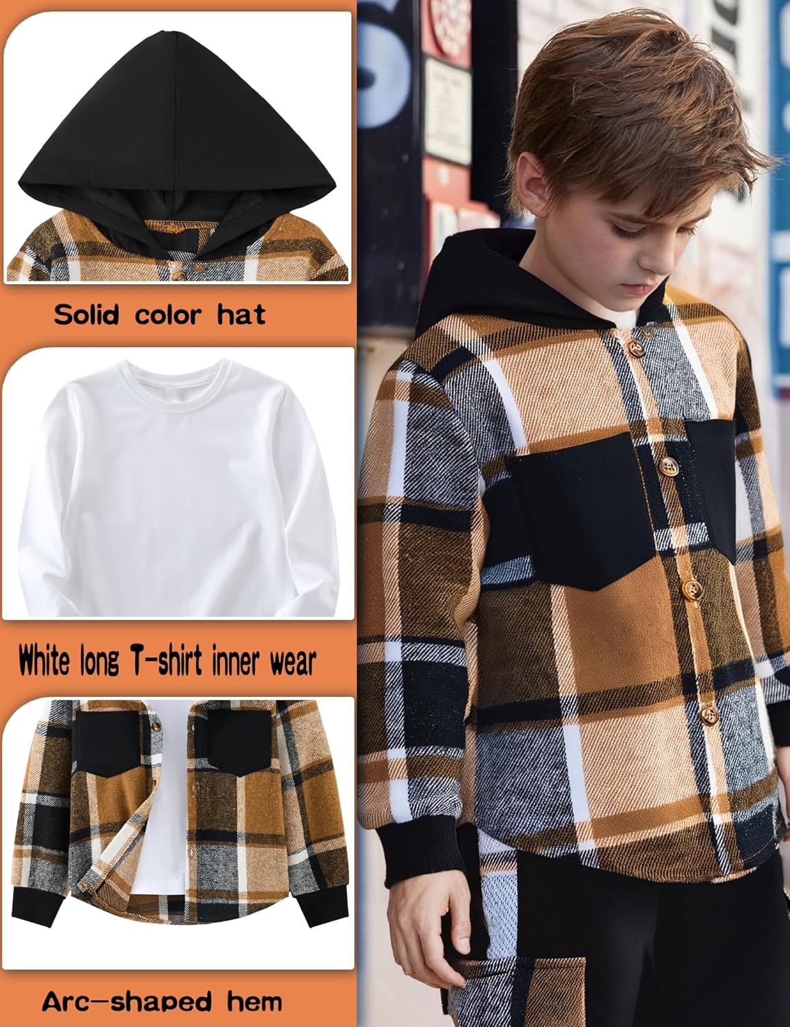 Boy Clothes Flannel Plaid Shirt Tops Pants Set Hoodie Sweatsuit+White T-shirt 3Pcs for Fall Winter Spring Outfits - Image 6