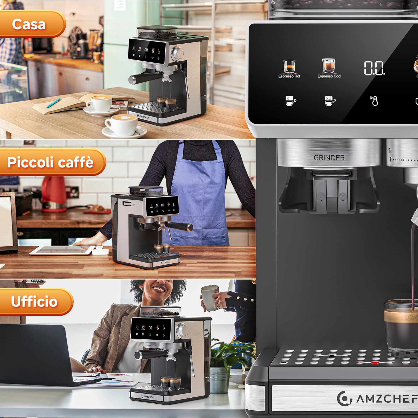 AMZCHEF macchina caffè con macinino, macchina da caffè espresso 20 bar per casa con montalatte, 3 livelli di temperatura, 20 impostazioni di macinatura, display touch