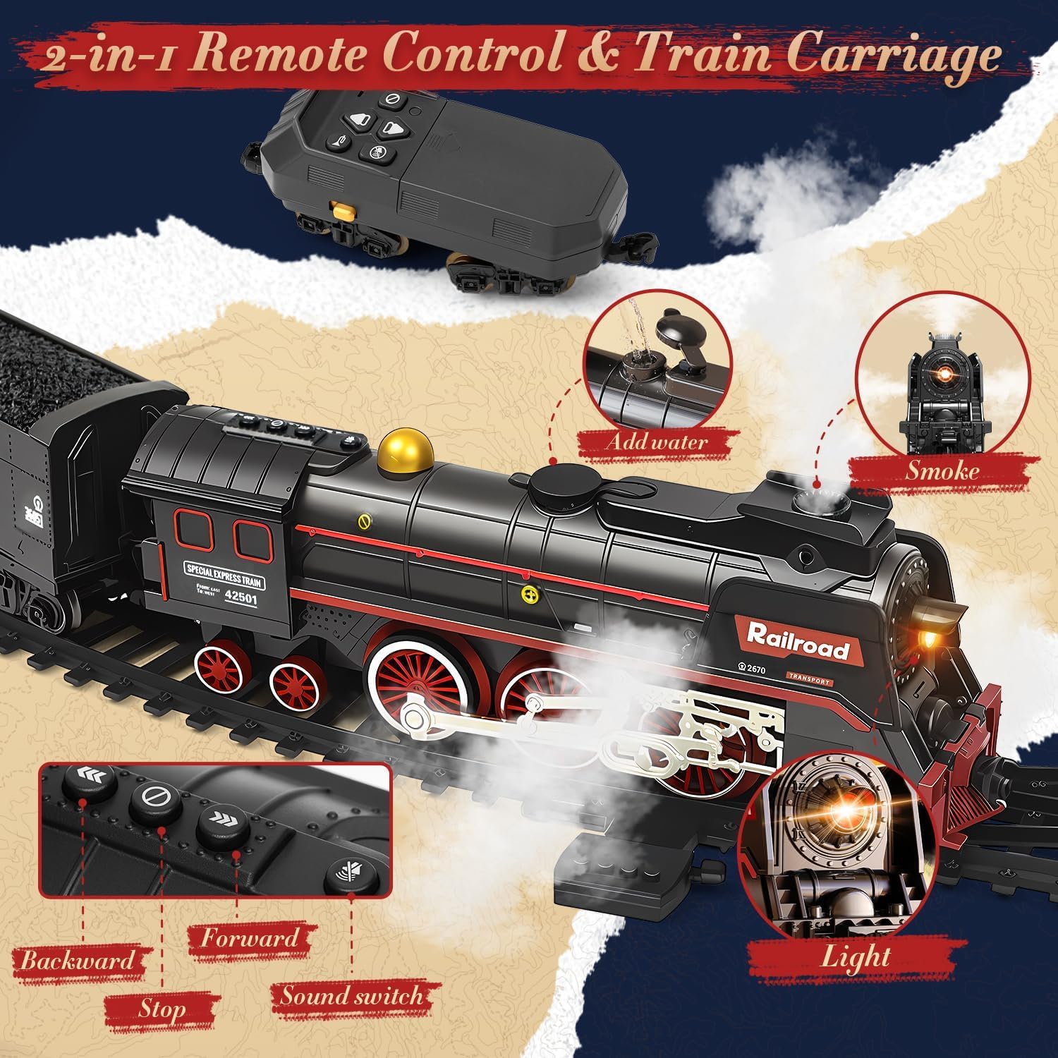 Trenino Elettrico Giocattolo per Bambini, Telecomandi Locomotiva Vapore con Pista Lunga, Affumicato, Luci e Suoni, Compleanno Natale Regalo per 3 4 5 6 7 Anni Ragazze Ragazzi, Decorazione Natalizia