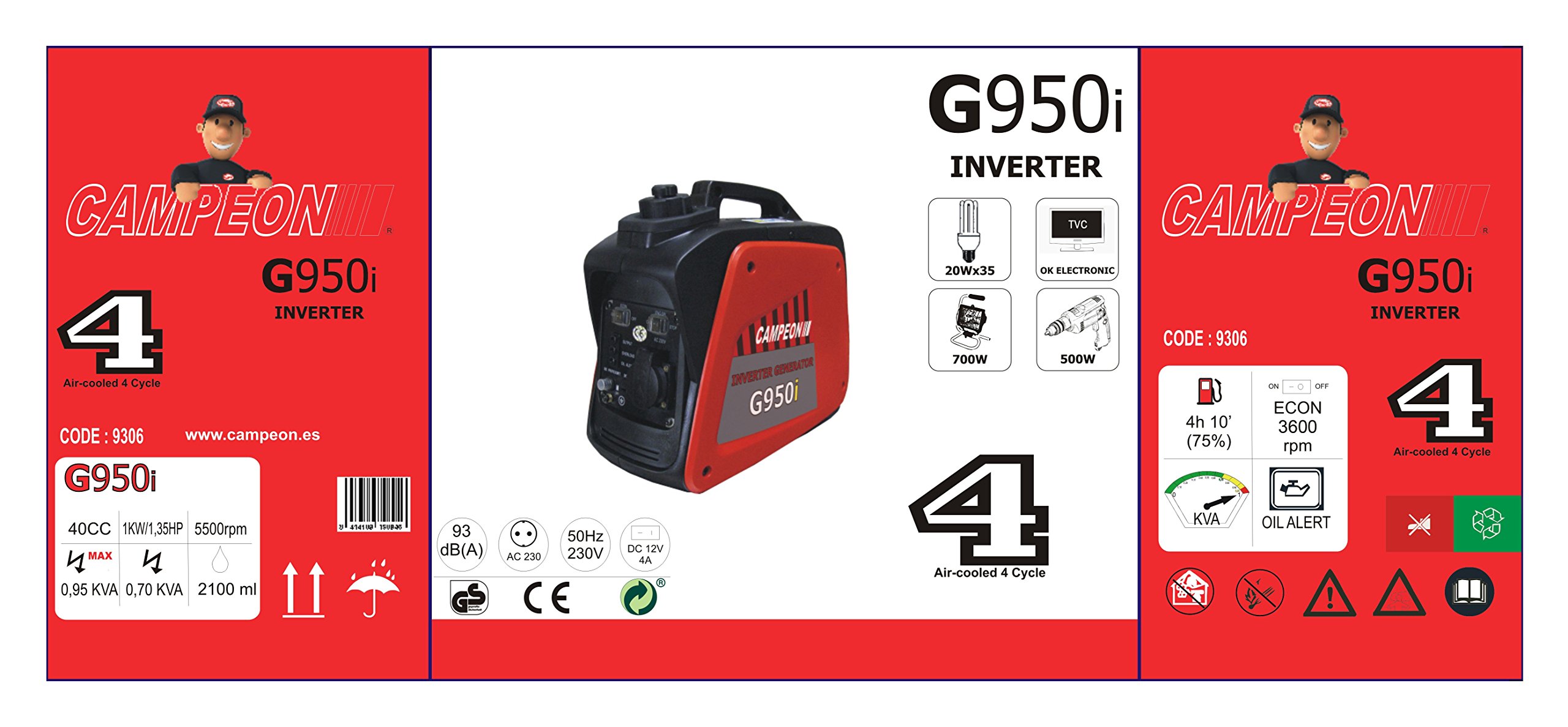 Campeón G-950i - Generador con bajo consumo de combustible, a gasolina, Rojo, Negro.