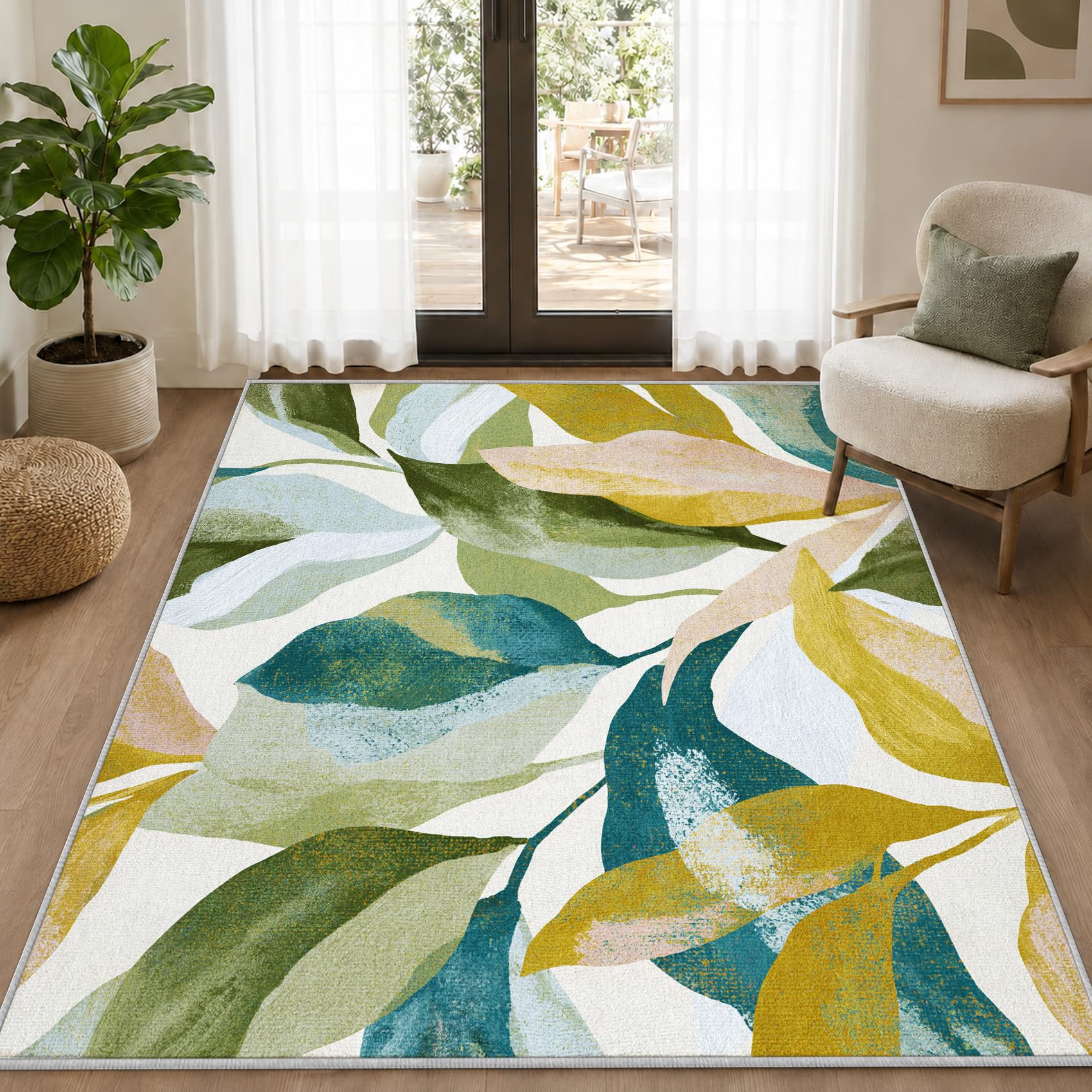 Tapis Salon Feuilles Aquarelle 200x300cm Lavable en Machine Antidérapant