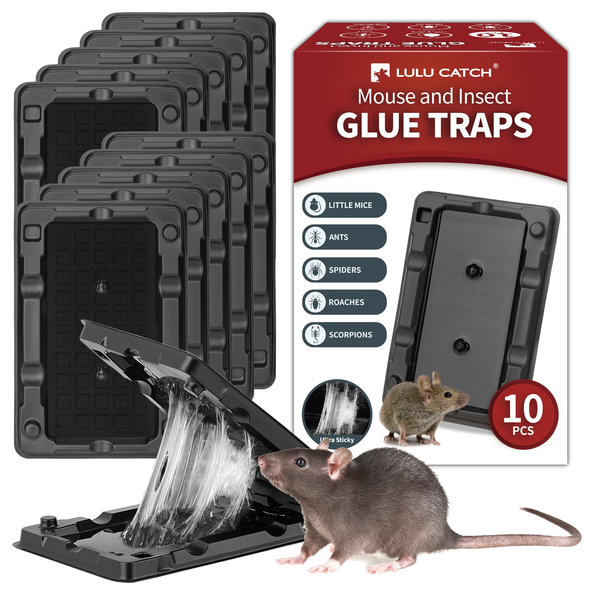 LULUCATCH Mouse &amp; Insect Glue Traps, 10 Pack Pre-Scented Sticky Mouse Traps Indoor for Home, Non-Toxic Glue Boards for Mice, Cricket, Roach, Lizard, Bug, Pet Safe for House &amp; Garage