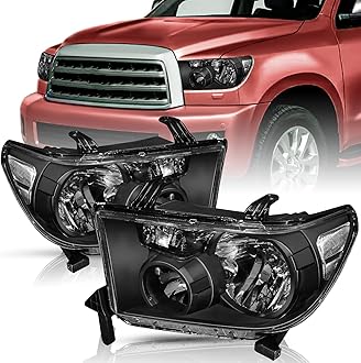 TUSDAR Headlight Assembly Replacement for 2007 2008 2009 2010 2011 2012 2013 Tundra / 2008-2017 Sequoia Driver and Passenger Side Black Housing, NOT fit for 09-12 Tundra with Level Adjuster