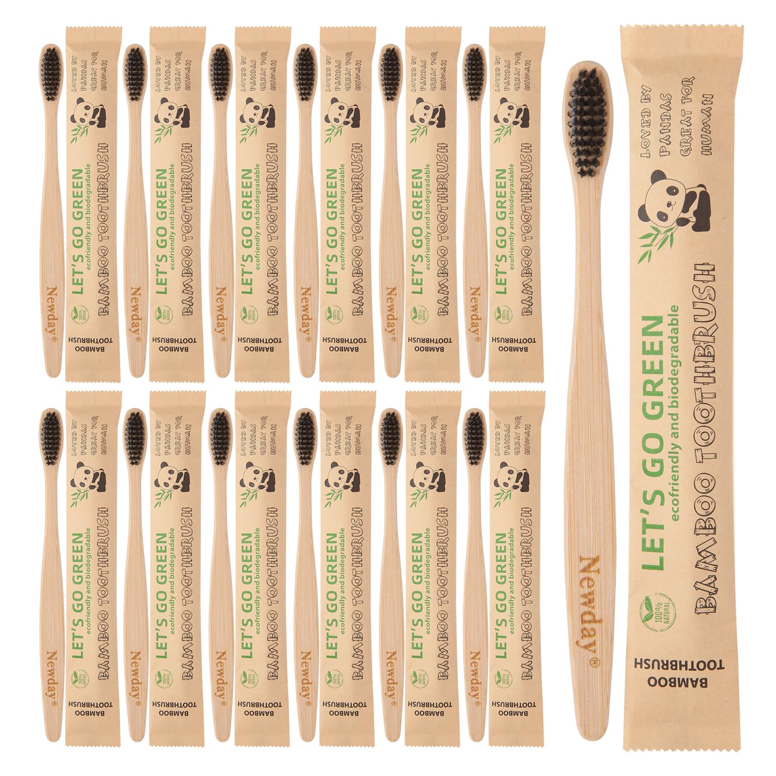 Newday Confezione da 100 spazzolini da denti in bambù, senza BPA, setole morbide e medie, biodegradabili, in carbone di bambù naturale, ecologiche, con setole colorate sfuse (nero)