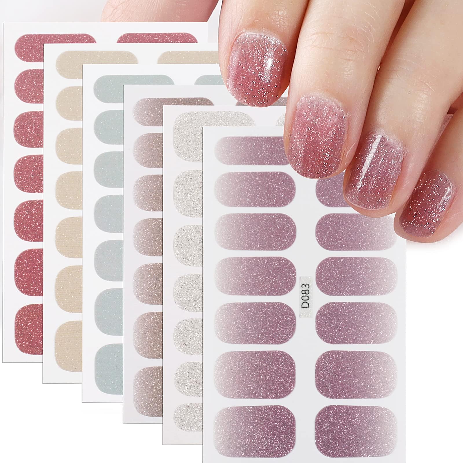 6 Sheets Glitter Full Wraps Nail Stickers Glitter Pink Self-Adhesive Waterproof Nail Art Decals Manicure Tips DIY Decorations for Women Girls Nail Design