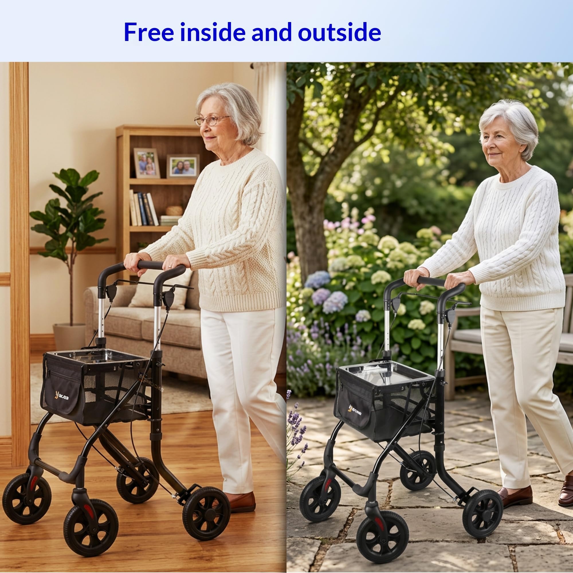 Andador compacto para interior, plegable y ligero con bandeja, auxiliar de movilidad para adultos mayores en aluminio, con cesta, maniobrable para hogar
