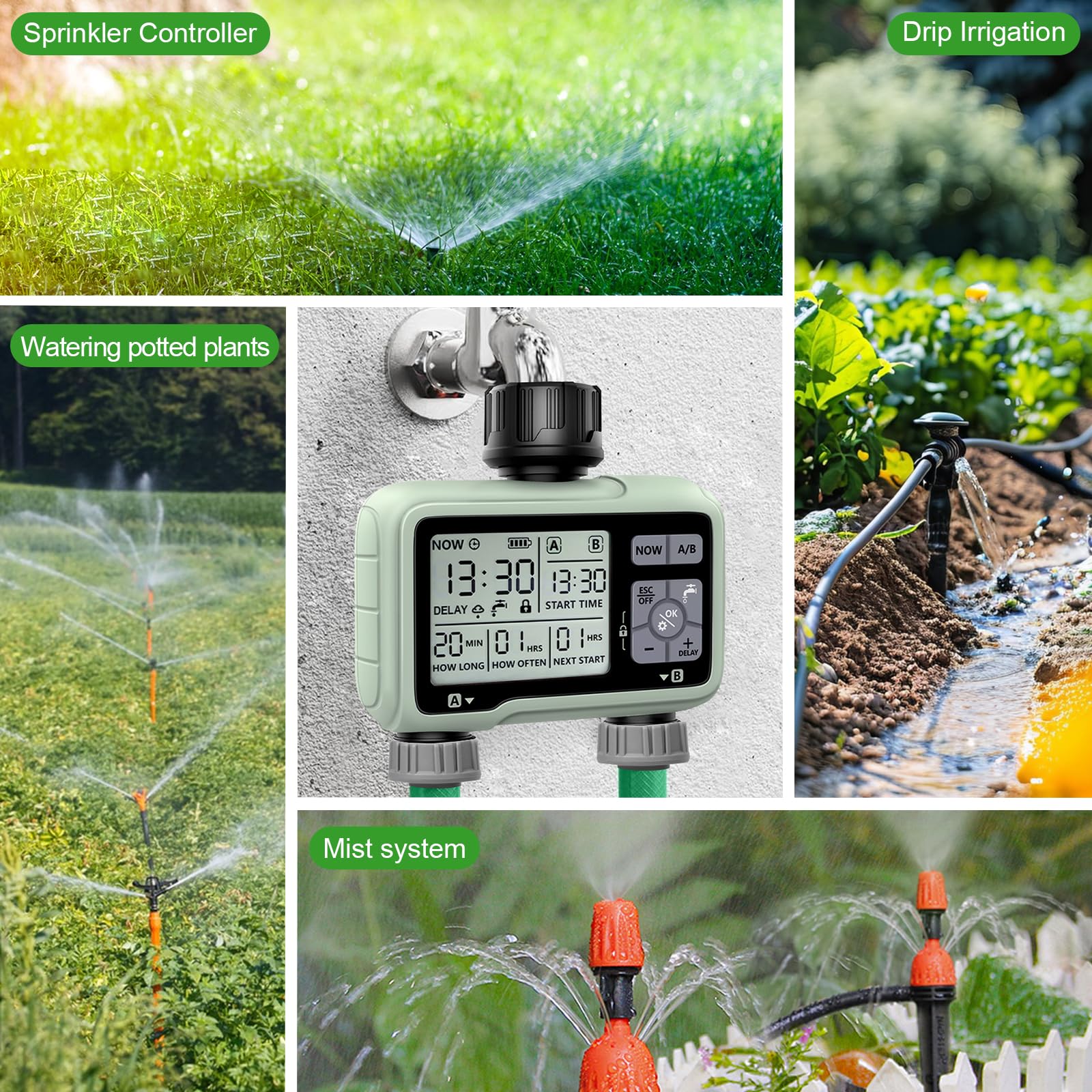 Programmateur Arrosage Automatique/Manuel 2 Voies,Minuterie D'irrigation de Jardin,Connecter la Minuterie du Robinet avec Retard de Pluie/Mode de Verrouillage Enfant/Étanchéité IPX5 /Grand écran LCD