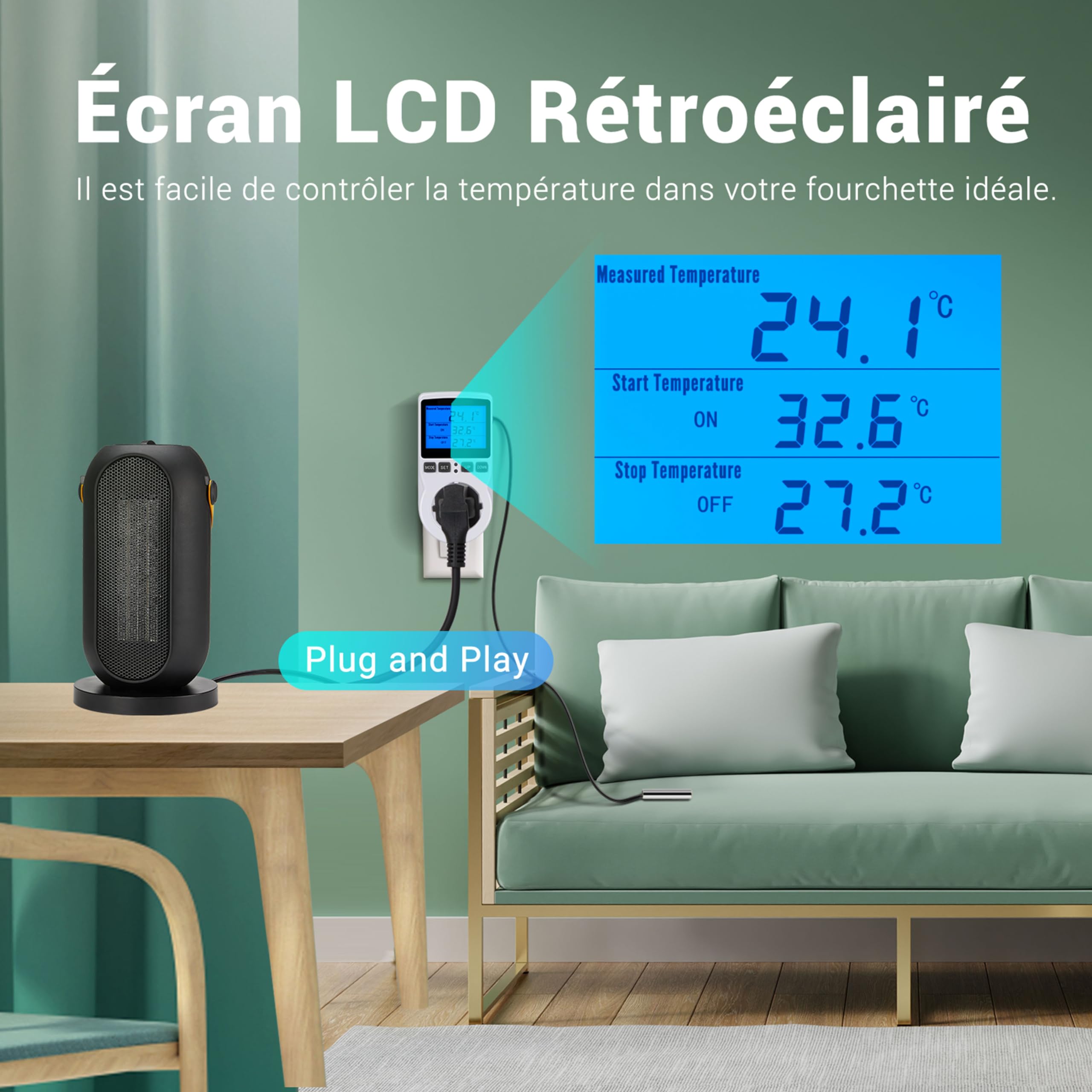 Inkbird Prise Thermostat, Thermostat Terrarium avec Ecran LCD et Sonde, Regulateur de Température Numerique Thermostat Chauffage Refroidissement pour Serre,Reptiles(FR Prise)