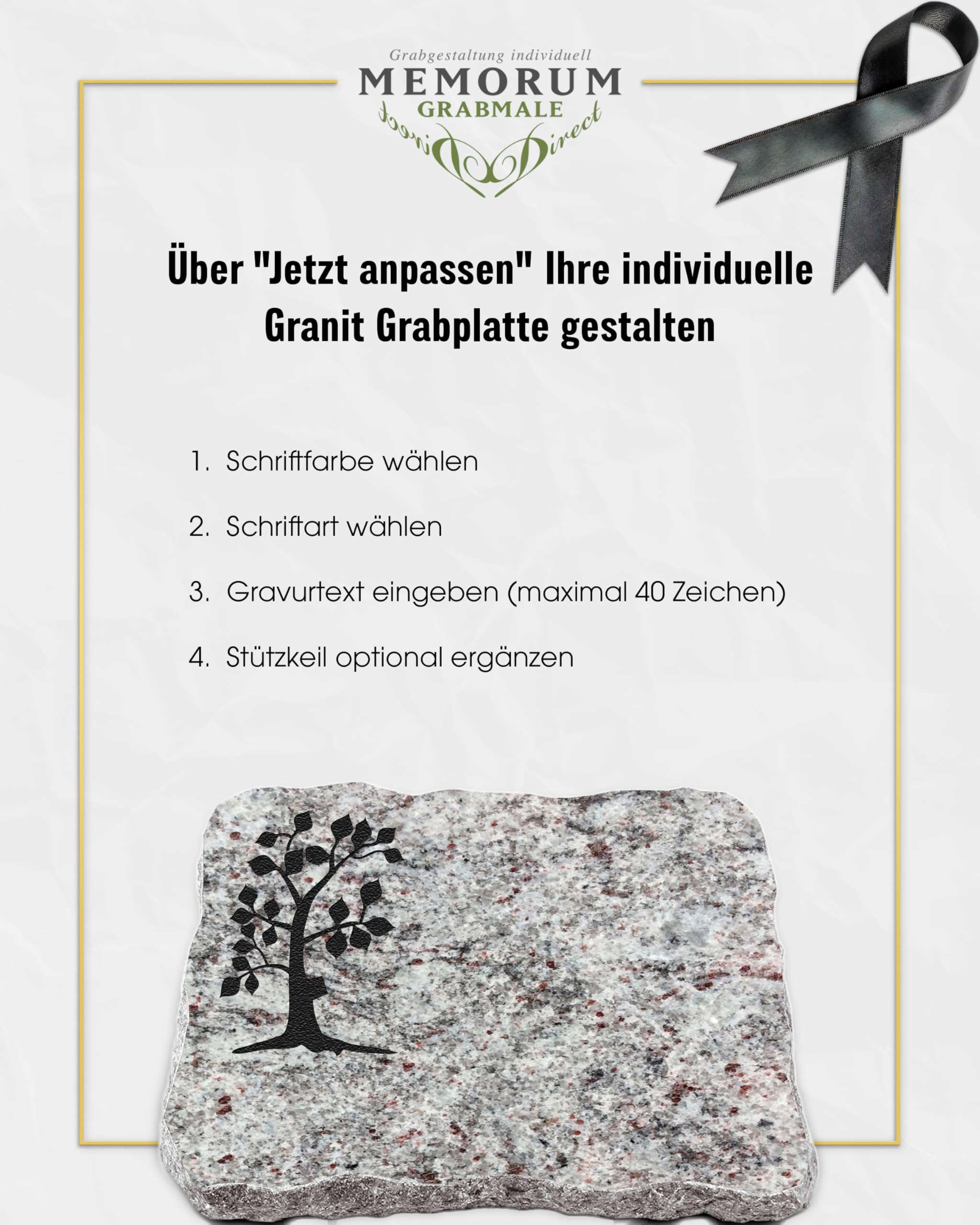 Grabplatte, Grabstein, Grabkissen, Urnengrabstein, Liegegrabstein Modell Pure 40 x 30 x 5 cm Marina Blue-Granit, poliert inkl. Gravur (Sandstrahl-Ornament Baum 1)