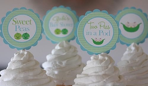12 - Twins Sweet Pea, Pea in the Pod, Two Peas in a Pod Theme Shower Cupcake Toppers - Green & Light Blue - Favor Tags, Banners, Door Signs Available