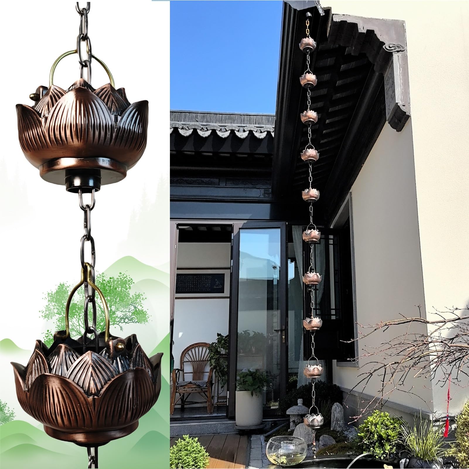 WOTZOV Rain Gutter Chains Kit With Lotus Flower Cups And Bronze Bells For Downspout Replacement，3.5M (11.5Ft)