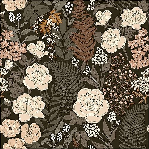 HAOKHOME 93276 - Papel pintado floral vintage removible con hojas de rosa en negro, marrónbeige, 17.7 pulgadas x 9.8 pies