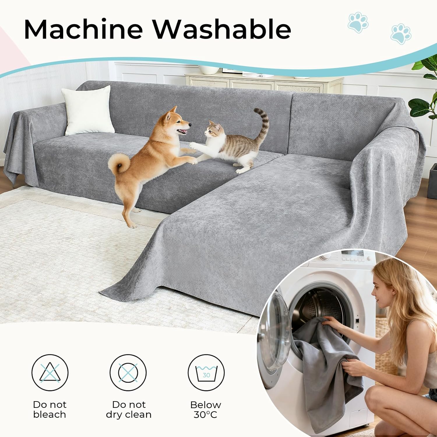 CAPALOCA Anti-Scratch Sectional Couch Covers for Sofa, 2 Pcs Water Resistant Couch Cover L Shape for Dog & Cat Pet-Friendly Non Slip Sofa Slipcovers Washable, 71"x 110" + 71"x 118", Grey