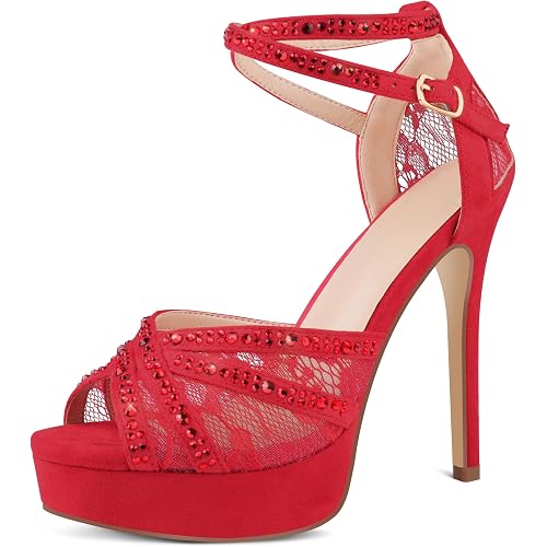 Women's Platform Heels Peep Toe Pumps Sexy Mesh Stilettos Sparkly Rhinestone High Heels Ankle Strap Shoes for Party Dance Prom