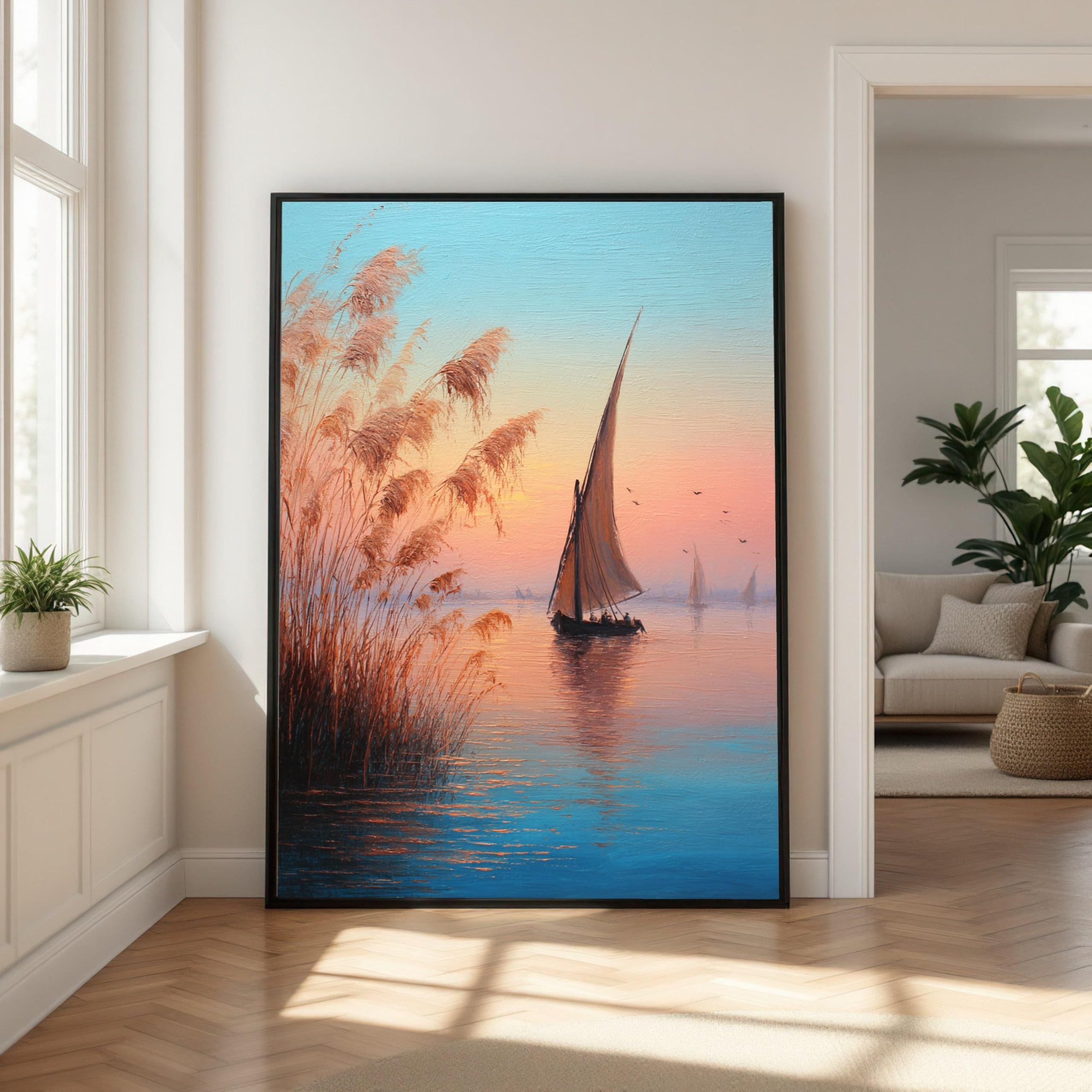 LMYCHENG Obraz zachodu słońca na łodzi, sztuka ścienna przedstawiająca spokojną scenę nad jeziorem, druk na płótnie z pastelowym niebem, spokojna fototapeta łodzi (50x70cm/rama wewnętrzna)