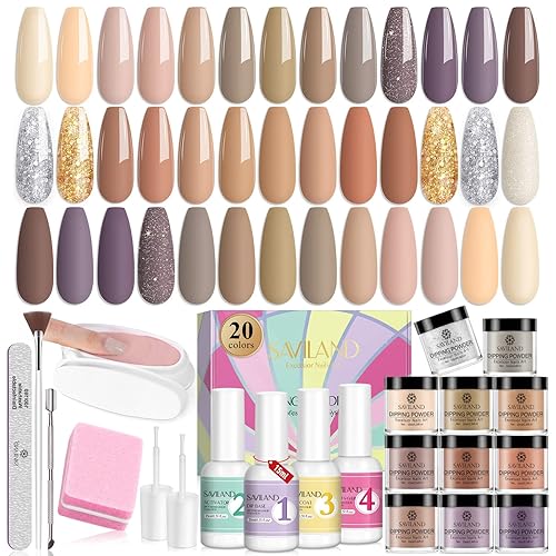 Saviland 31pcs Dip Nails Powder Starter Kit - 20 Nails Colors Dip Powder, 15ml Dip Powder Liquid Set with Recycling Tray for Nail Repair, Nail Salon