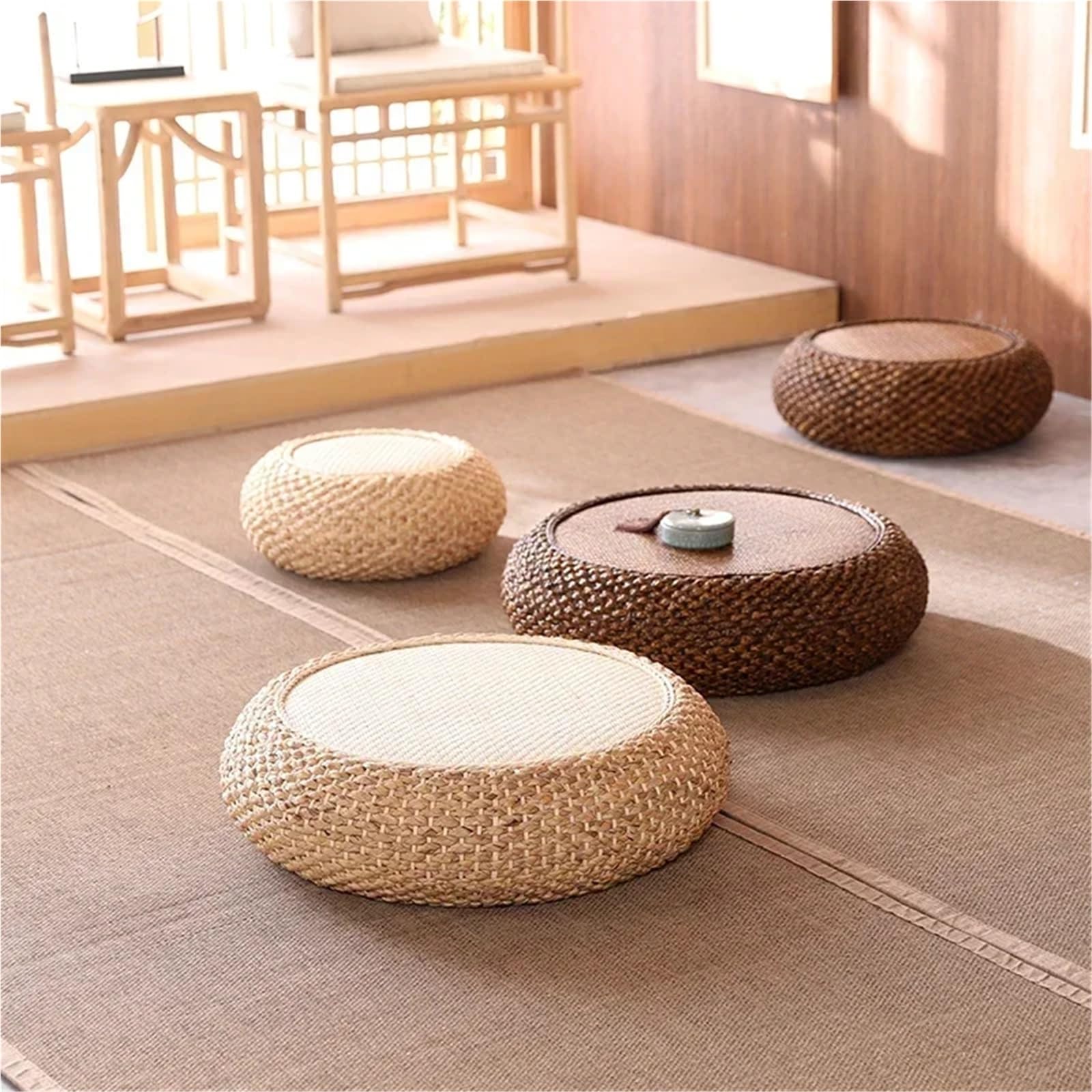 Pouf en Paille tissé, Tapis Tatami, Coussins de Sol Ronds, Coussin méditation rotin, siège Confortable for Yoga Coussin Méditation(Type2,40x40cm)