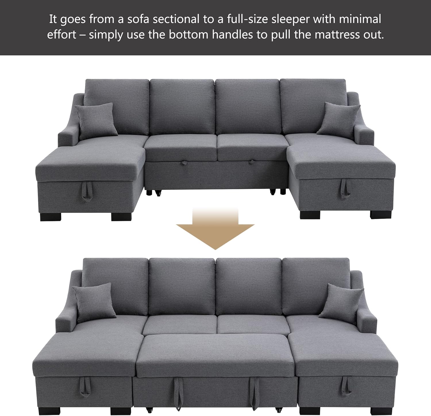 FANYE U-Shaped Symmetrical Oversized Sleeper Sectional Sofa Soft Linen Upholstered Convertible Sofabed W/Reversible Storage Chaise*2,Pull Out Sleep Couch Bed and 2 Pillows for Living Room