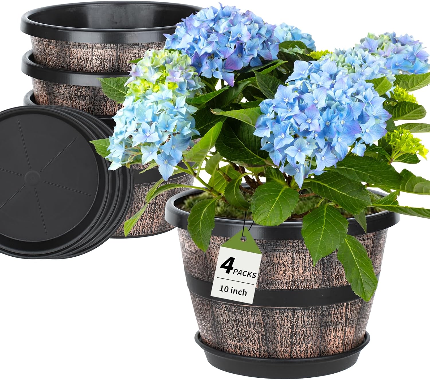 Uneed 10 Inch Whiskey Barrel Planter Pots, 4 Pack Plastic Flower Pots with Drainage Holes & Saucers, Retro Outdoor Pots for Plants, Patio, Lawn Decor (Brown)