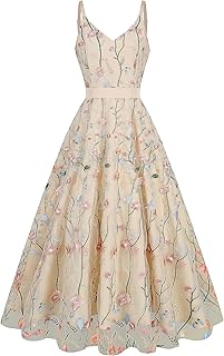 Long Floral Embroidery Dress for Women Flower Embroidered Maxi Dress Spaghetti Straps Formal Evening Party Tulle Prom Dress
