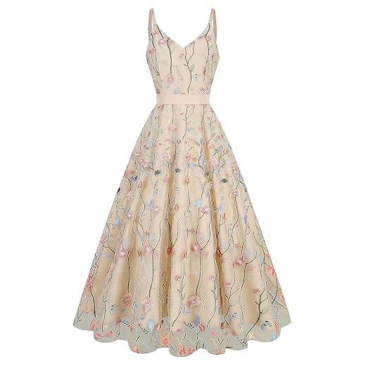 Long Floral Embroidery Dress for Women Flower Embroidered Maxi Dress Spaghetti Straps Formal Evening Party Tulle Prom Dress