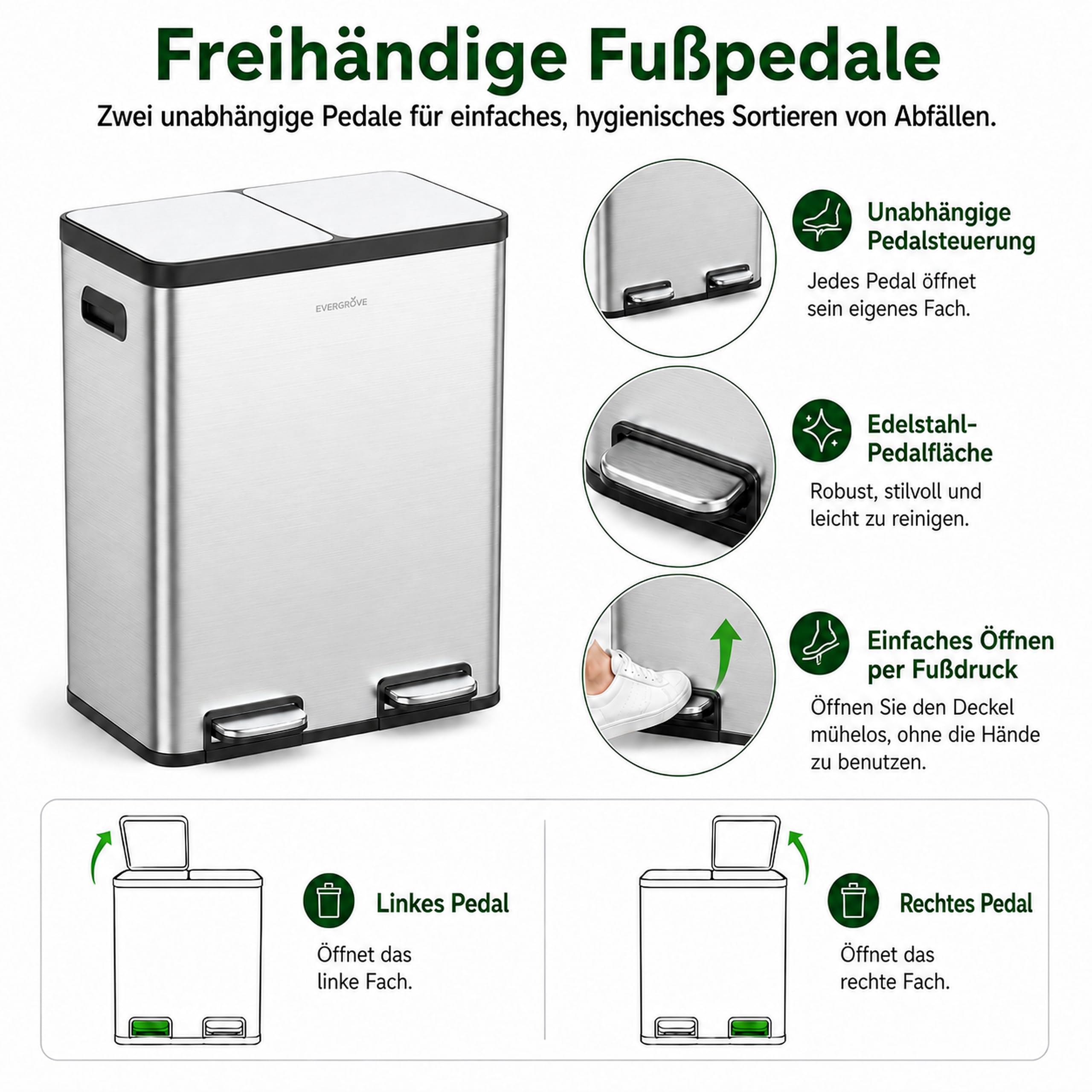 EverGrove 60L Mülltrennsystem, 2x30L, Edelstahl-Deckel (Brushed Silver) | 2 x 30-L-Fächer,Soft-Close-Deckel,Edelstahl-Deckel,Geruchsfilter,Herausnehmbare Inneneimer mit Beutelfixierung