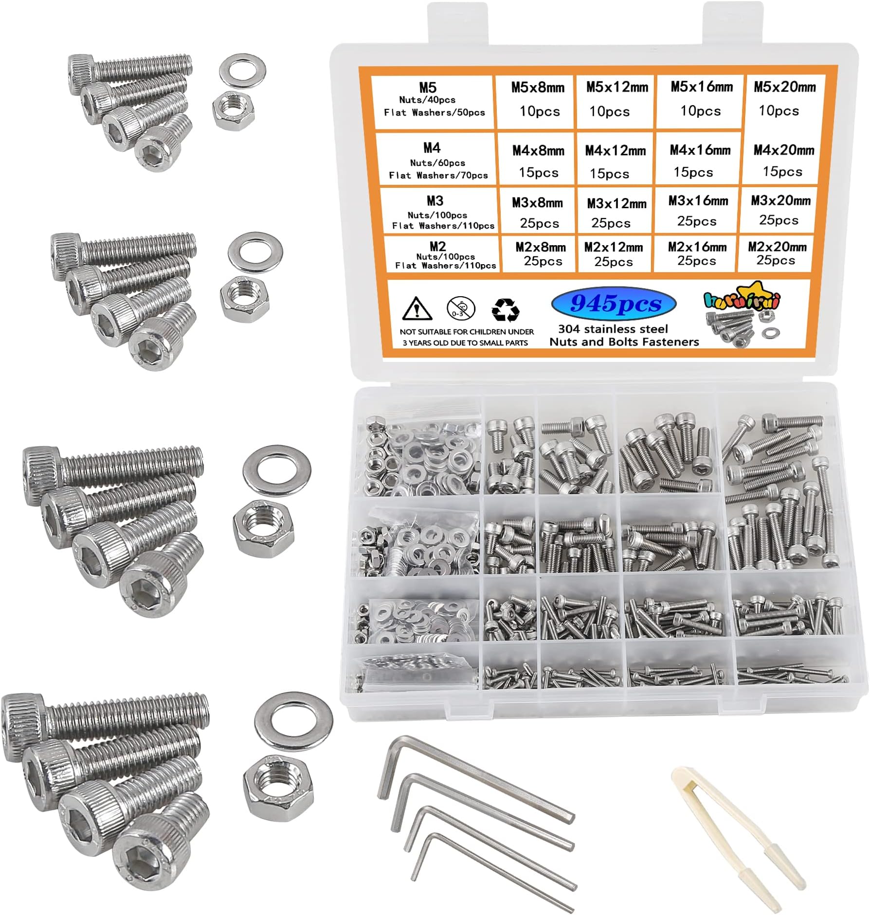M2 M3 M4 M5 Nuts and Bolts Washers Assorted Set 304 Stainless Steel Hex Socket Head Cap Screws Bolts and Nuts Kit 945pcs Thread Machine Screws Hex Bolt Set Fastener Repair Tools Assortment
