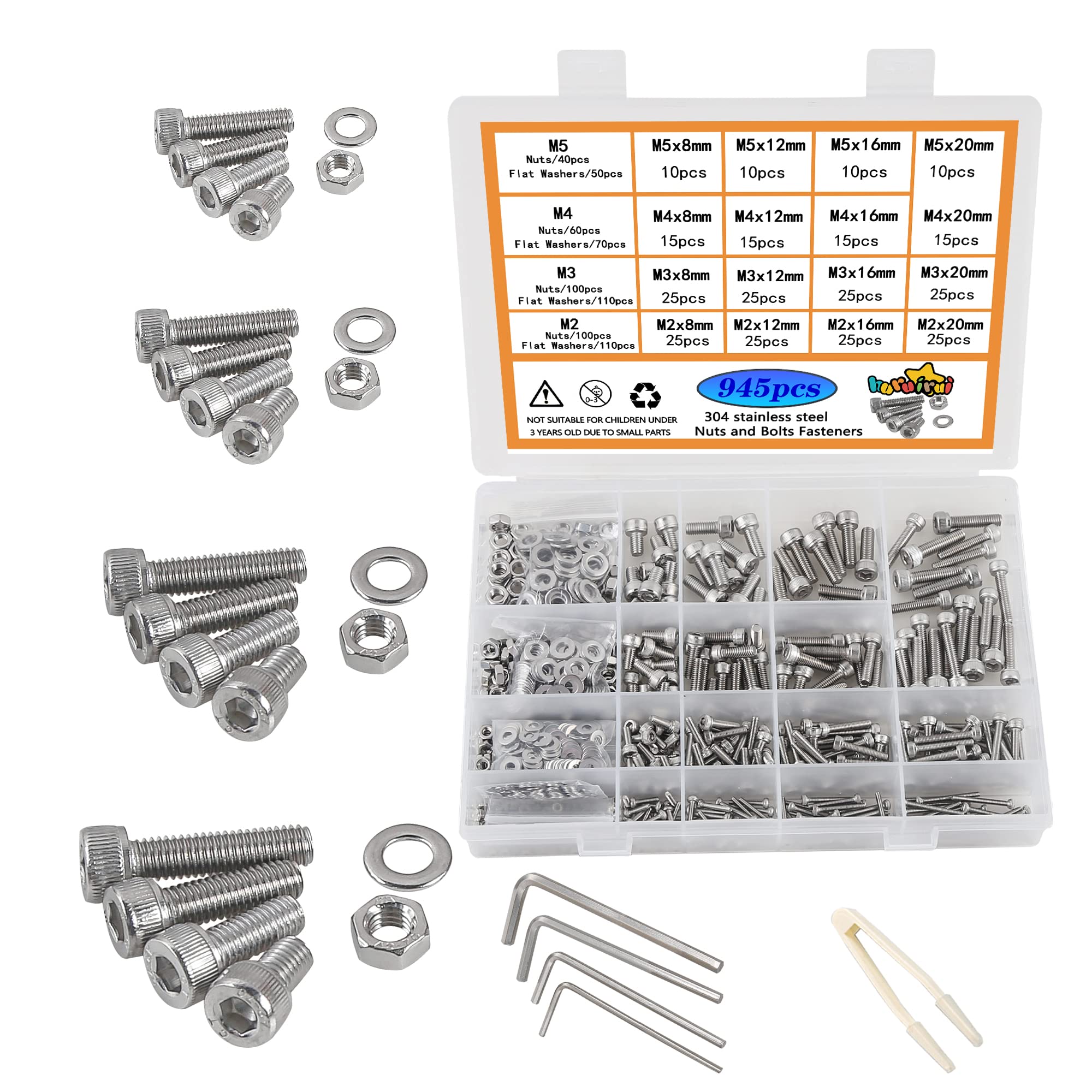 huruirui M2 M3 M4 M5 Nuts and Bolts Washers Assorted Set 304 Stainless Steel Hex Socket Head Cap Screws Bolts and Nuts Kit 945pcs Thread Machine Screws Hex Bolt Set Fastener Repair Tools Assortment