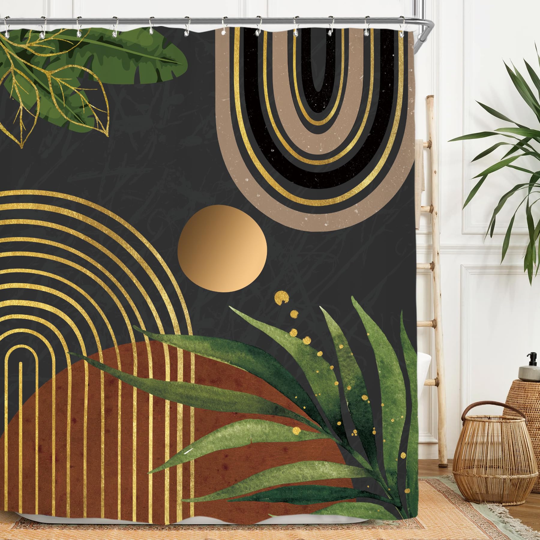 Miyotaa Abstract Minimalist Shower Curtain Set 60Wx71H Inches Aesthetic Modern Dark Burnt Orange Black Contemporary Plant Leaves Polyester Waterproof