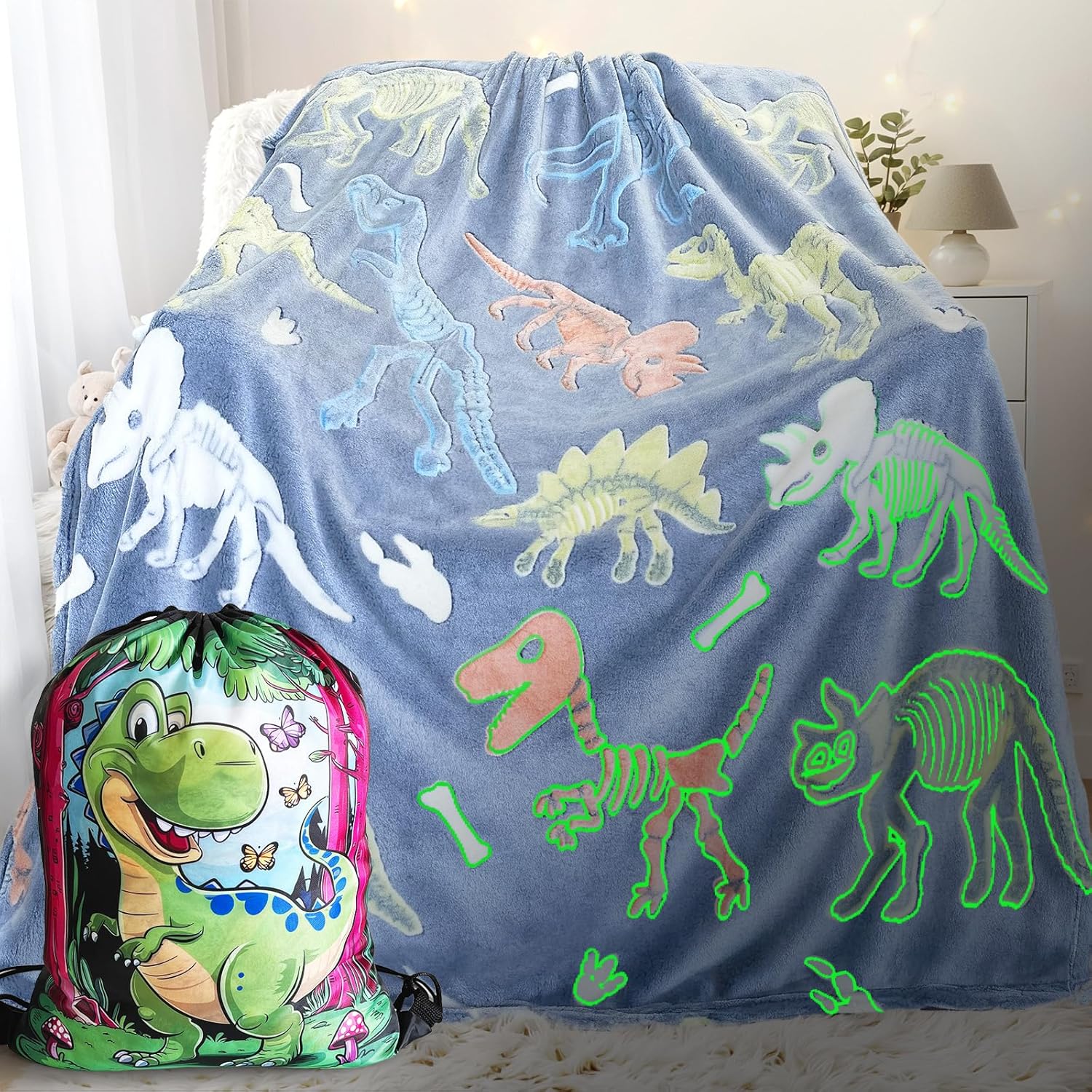 Glow in The Dark Dinosaur Blanket for Boys/Girls/Toddler/Baby, Cute Funny Kids Throw Blanket for Birthday/Toys, Dinosaur Gifts for Boy Age 3-12 40"x 60"