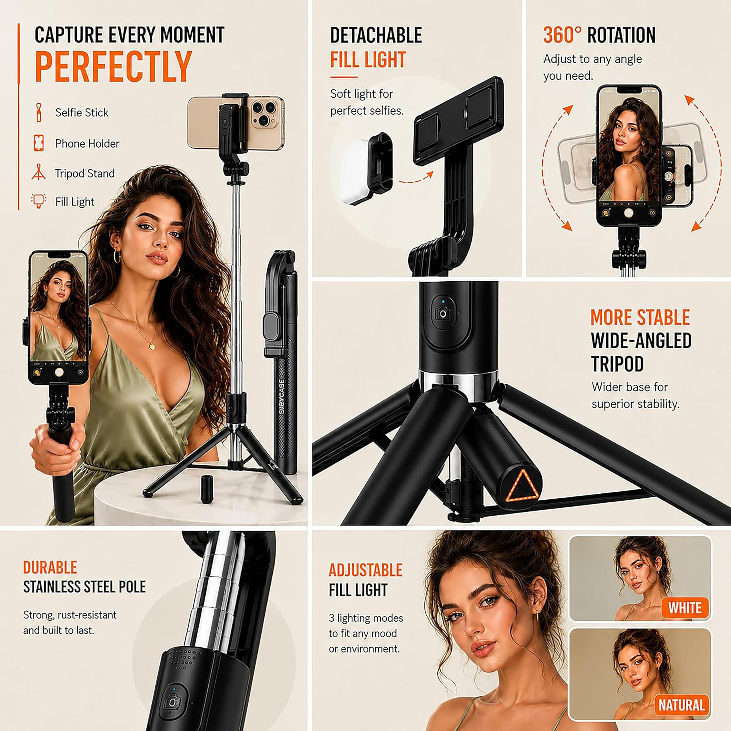CIRYCASE® Selfie Stick Tripod, 170 cm Reinforced, Bluetooth, Multi-Functional, for iPhone and All Smartphones, Travel and Vlogging — Amazon image 3