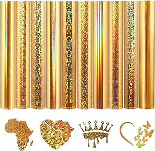 HTVSTD Gold HTV Heat Transfer Vinyl - 10 Sheets Holographic Gold HTV Iron On Vinyl for Fabrics Gold Metallic HTV Heat Transfer Vinyl for T-Shirts Compatible with Silhoutte Cameo Or Cricut