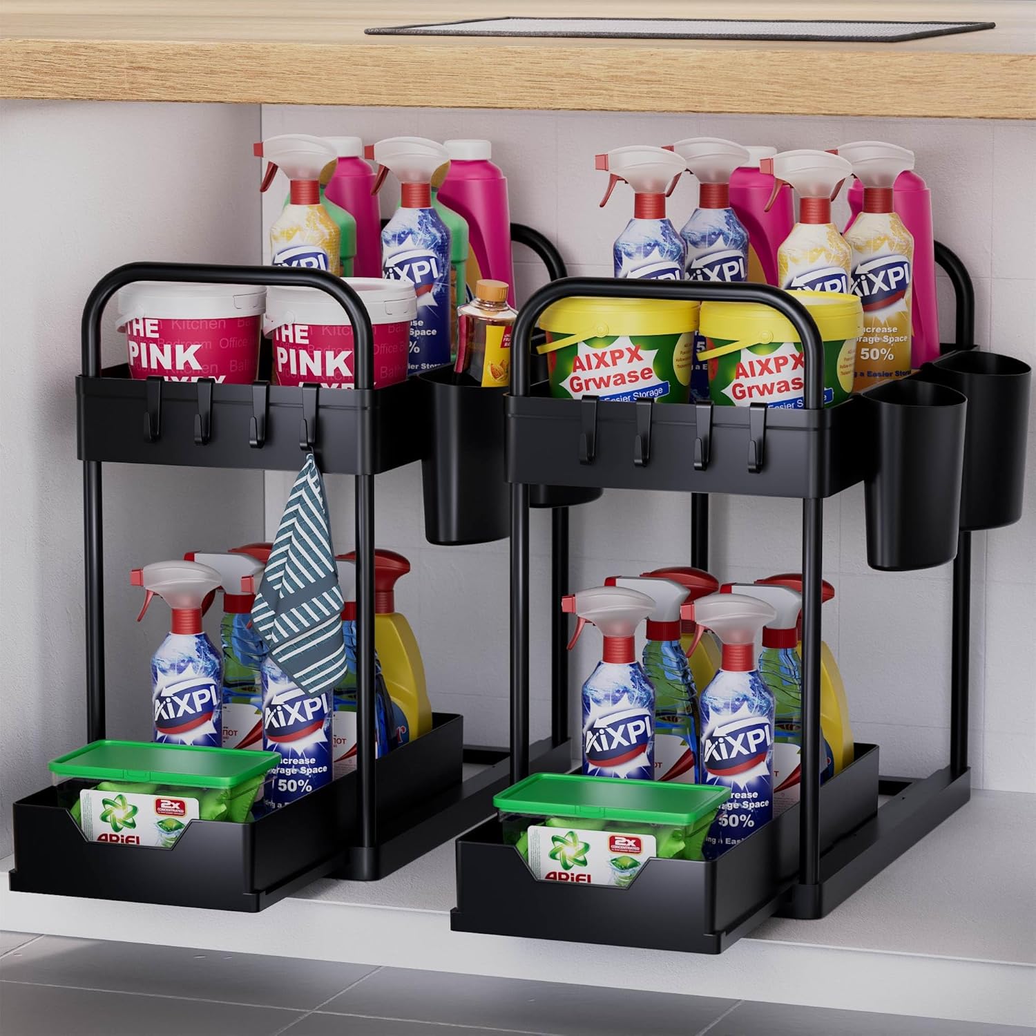 2 Tier Under Sink Storage,Under Sink Organiser with Bottom Sliding