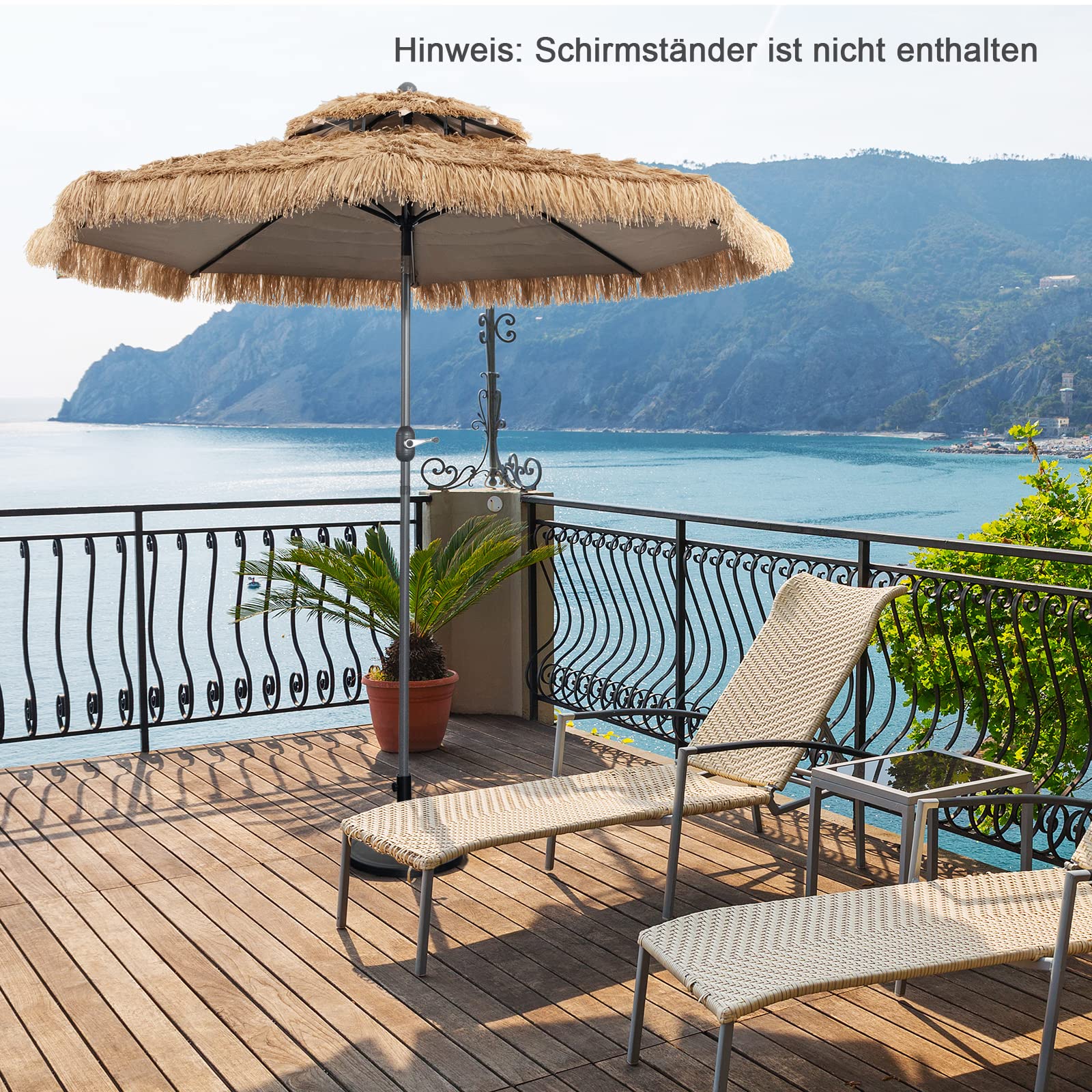 RELAX4LIFE Hawaii Sonnenschirm 300 cm, Reisstroh Strandschirm, Strohschirm mit Neigungsfunktion, Balkonschirm mit Doppeldach, Gartenschirm UV-beständig, Terrassenschirm für Garten & Strand