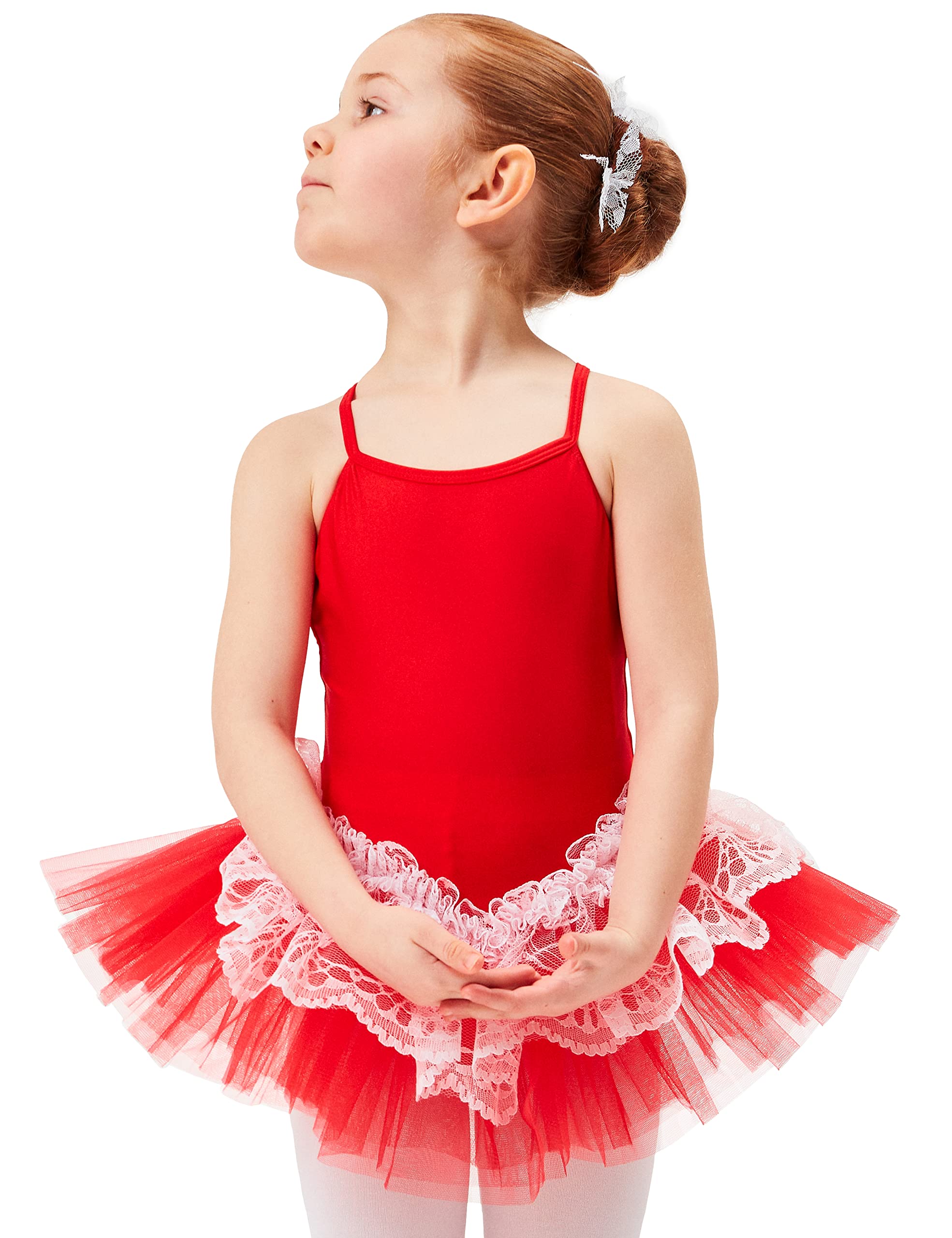 tanzmuster Ballettkleid Tutu Mädchen - Antonia - Gr. 92-170 - 3 Lagen Tüll und Spitze - glänzendes Lycra - Ballett Trikot mit Tüllrock in rot, Größe:92/98