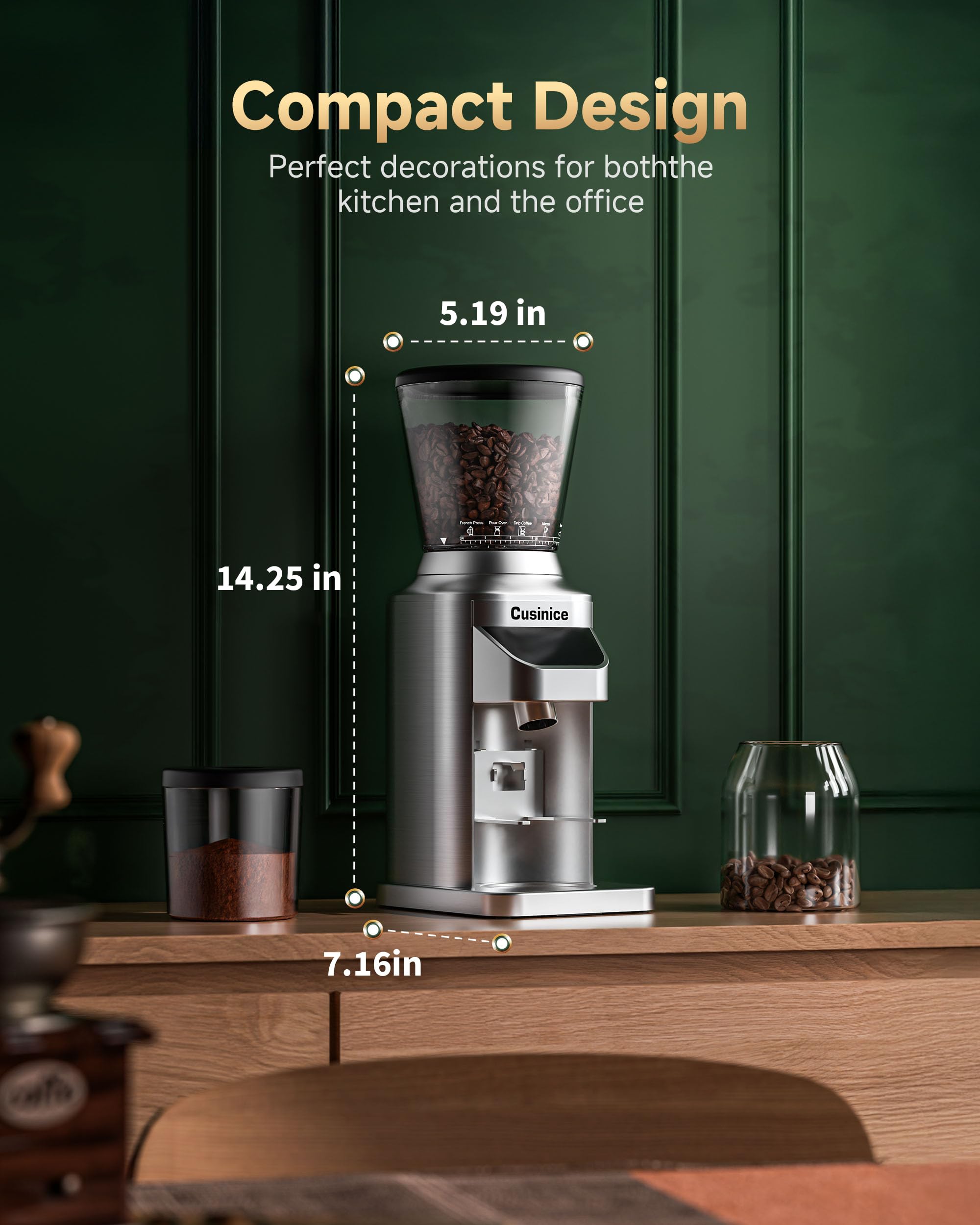 Stożkowy młynek do kawy do użytku domowego, antystatyczny młynek do espresso z 34 ustawieniami mielenia, zadzior ze stali nierdzewnej 40 mm, timer 0,1 s, uchwyt na portafilter, ekran dotykowy