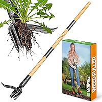WilFiks Stand Up Weed Puller Tool - 44" Bamboo Handle, 4-Claw Steel Head, Foot Pedal Weeder for Root Removal Without Kneeling