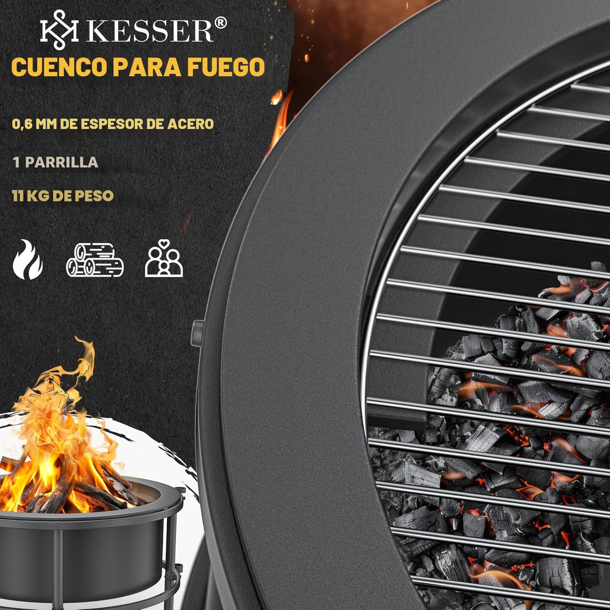 KESSER® Brasero con parrilla de 65 cm, cesta de fuego de 0,6 mm, acero frío, barril móvil neumático, brasero de madera y carbón, incluye gancho de 60 cm