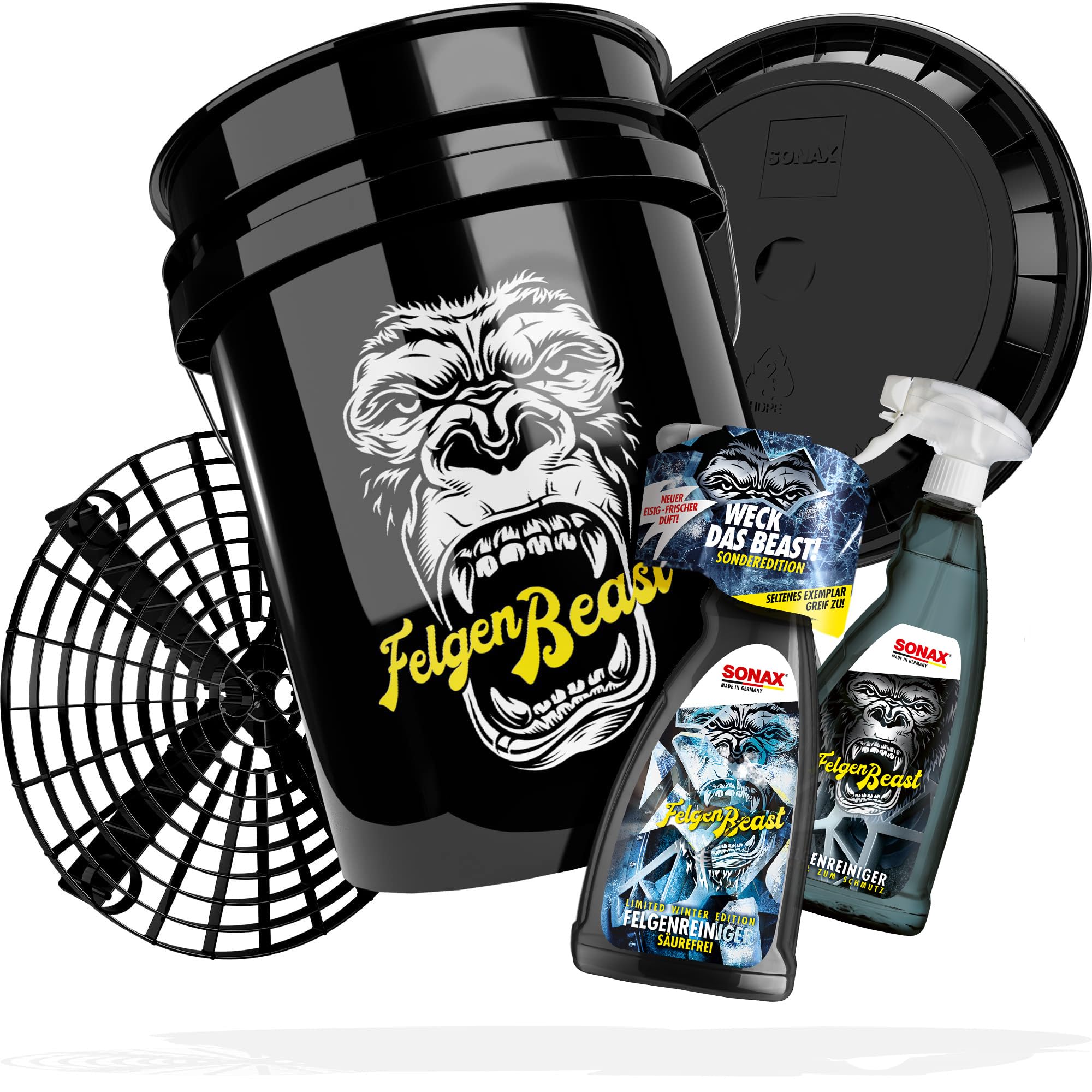 Kit de Nettoyage pour Jantes de Voiture SONAX - Seau de Lavage avec Couvercle + Insert pour Seau - Nettoyant pour Jantes + Wheel Beast - Édition spéciale Hiver - 1 L