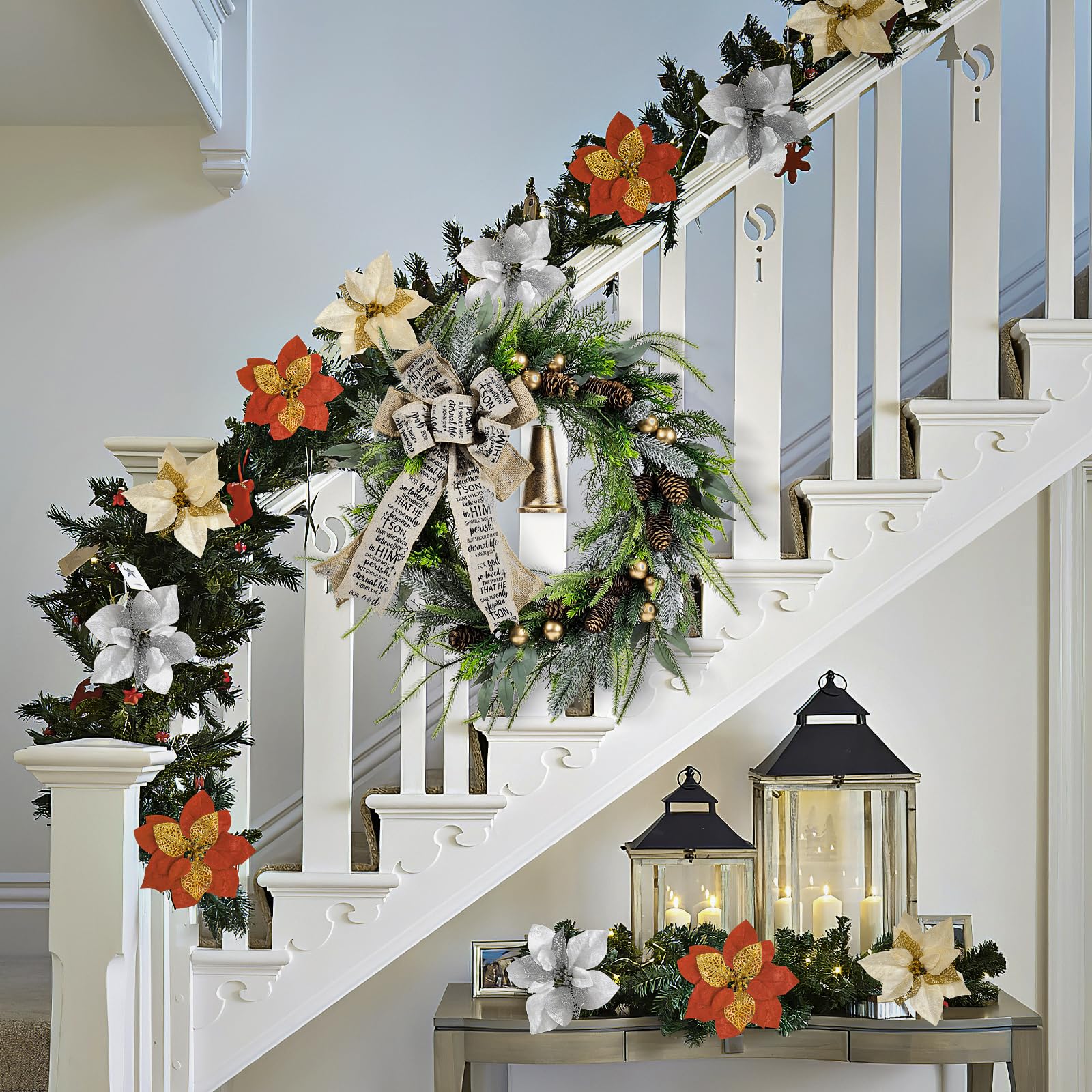 Corona para puerta de Navidad, 45 cm, decoración navideña para puerta de casa con campanas, corona de Navidad artificial, decoración para interior y exterior