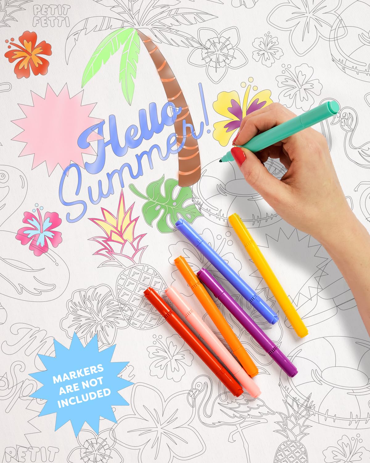 xo, Fetti Pool Party Paper Coloring Tablecloth - 9' x 4.5' | Summer Tablescape, Palm Tree Dinner Party Setting, Kids Birthday Decoration, Cute Tablecover, Beach Table DIY