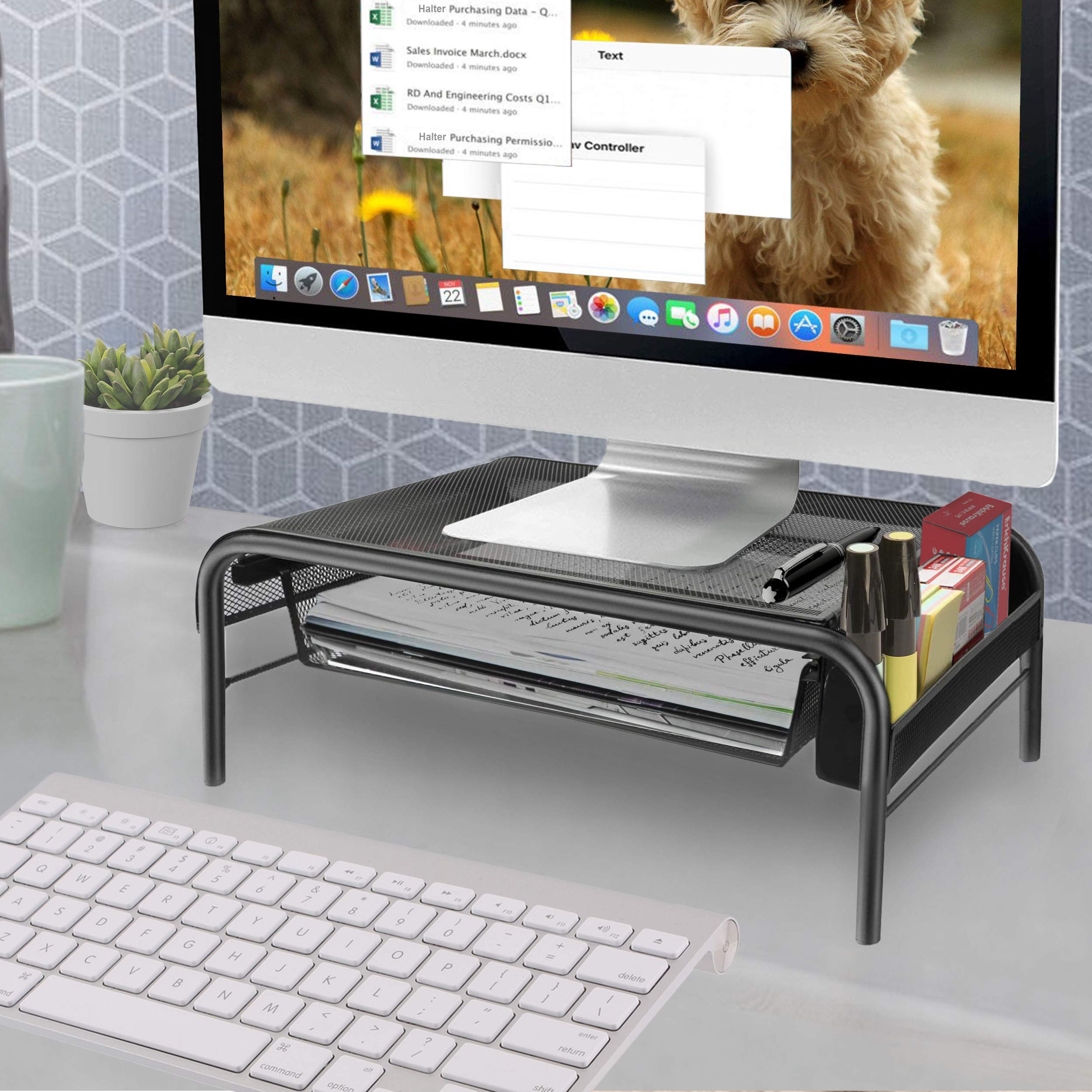 Mesh Monitor Stand Riser & Computer Desk Organizer Black Shelf with