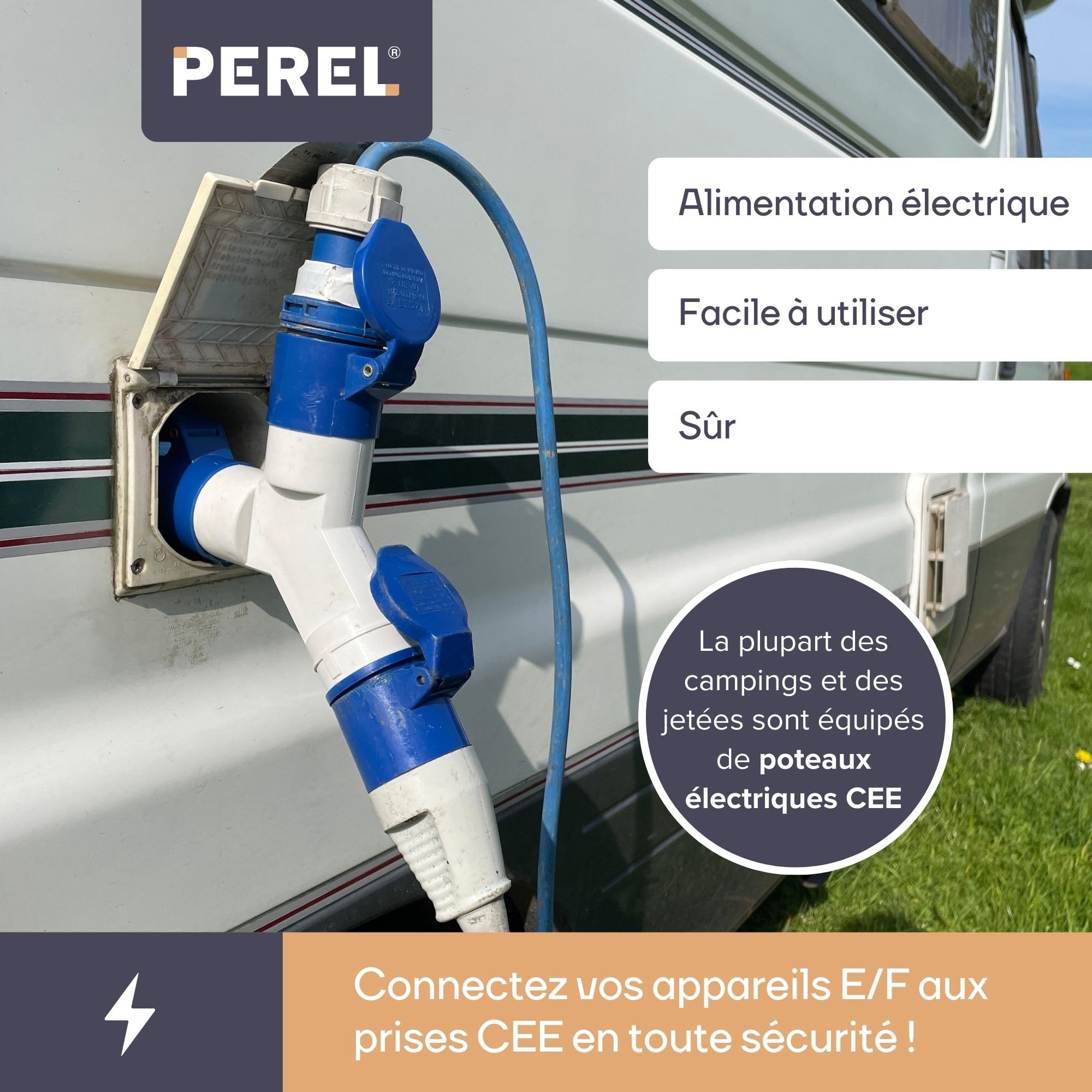 Perel Câble adaptateur CEE vers Schuko, adaptateur caravane, adaptateur prise camping, rallonge prise triphasée, H07RN-F 3G2.5, 0.4 m, usage extérieur, caoutchouc, bleu